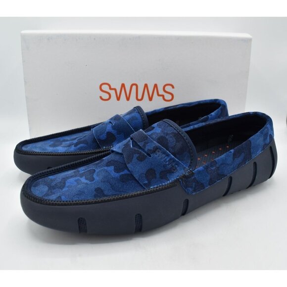 SWIMS Men Size 10 Luxe Navy Blue Camo Camouflage Driver Shoe Penny Loafers - Picture 1 of 11